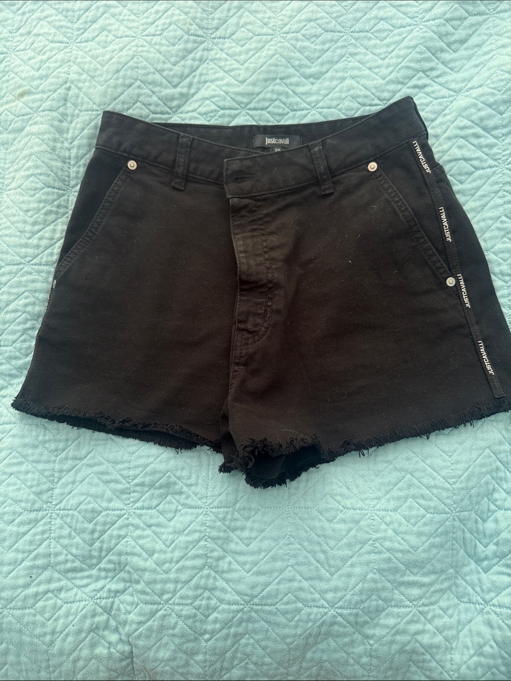 Just Cavalli Black Denim High Waist Cutoff Shorts with Branded Side Tape sz29